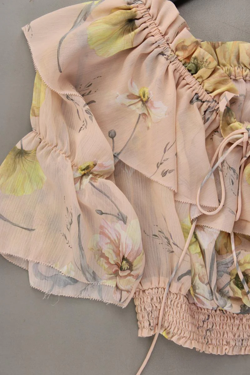 H&M Crop Bluse Gr. 42 mit Blumenmuster 3/4 Ärmel mit Carmen-Ausschnitt rosa - Image 3