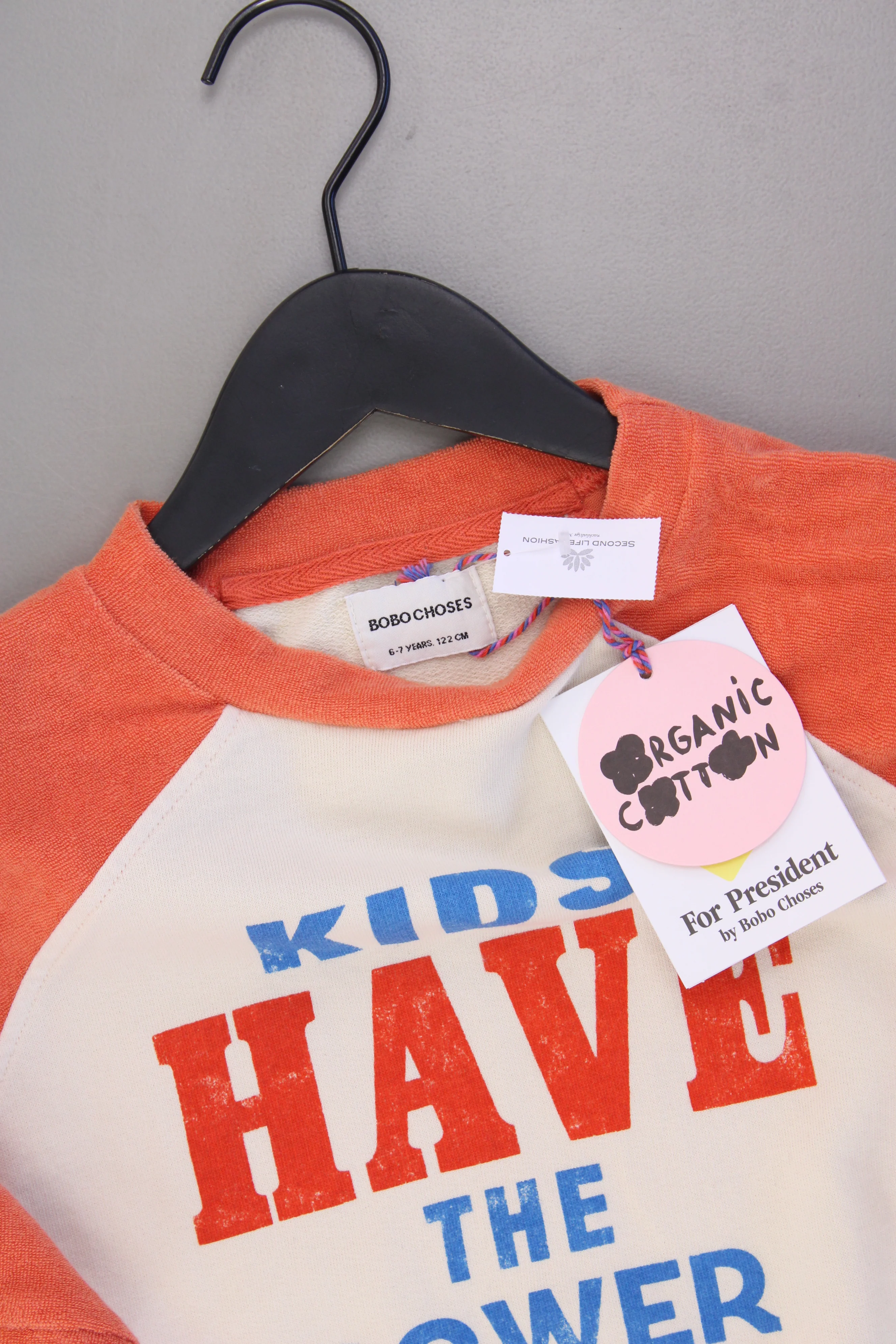 Bobo Choses Kinder T-Shirt Bio Baumwolle mit Aufdruck "Kids have the power" orange Größe 6-7 Jahre, 122cm neu mit Etikett - Image 2